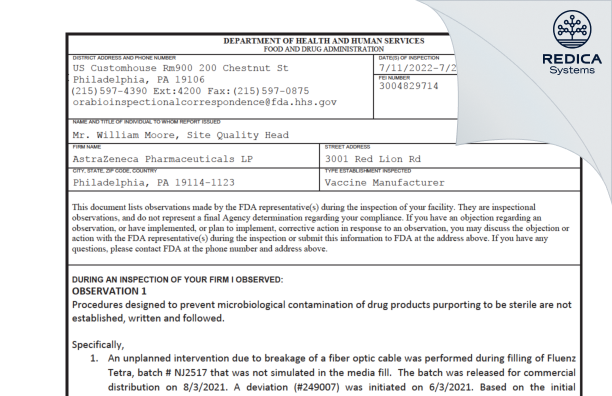 FDA 483 - AstraZeneca Pharmaceuticals LP [Philadelphia / United States of America] - Download PDF - Redica Systems