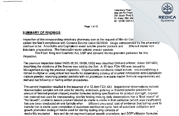 EIR - Veterinary Pharmacy Corporation [Saint Peter / United States of America] - Download PDF - Redica Systems