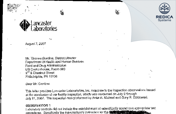 FDA 483 Response - Eurofins Lancaster Laboratories, Inc [Lancaster Pennsylvania / United States of America] - Download PDF - Redica Systems