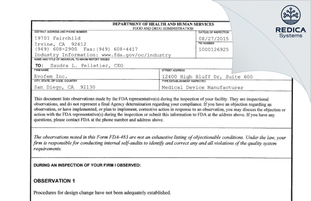 FDA 483 - Evofem Inc. [San Diego / United States of America] - Download PDF - Redica Systems