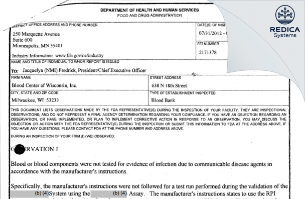FDA 483 - Versiti Wisconsin, Inc [Milwaukee / United States of America] - Download PDF - Redica Systems