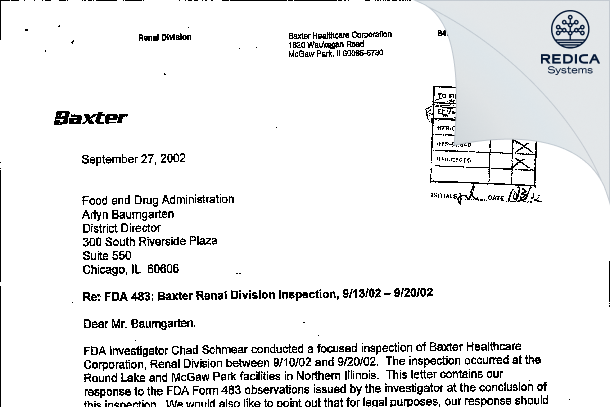 FDA 483 Response - Baxter Healthcare Renal Div [Waukegan / United States of America] - Download PDF - Redica Systems
