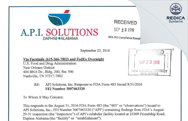 FDA 483 Response - API Solutions Inc. [Daphne / United States of America] - Download PDF - Redica Systems
