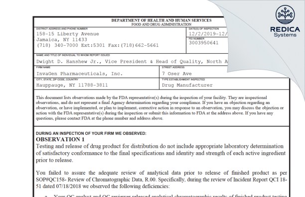 FDA 483 - InvaGen Pharmaceuticals, Inc [New York / United States of America] - Download PDF - Redica Systems