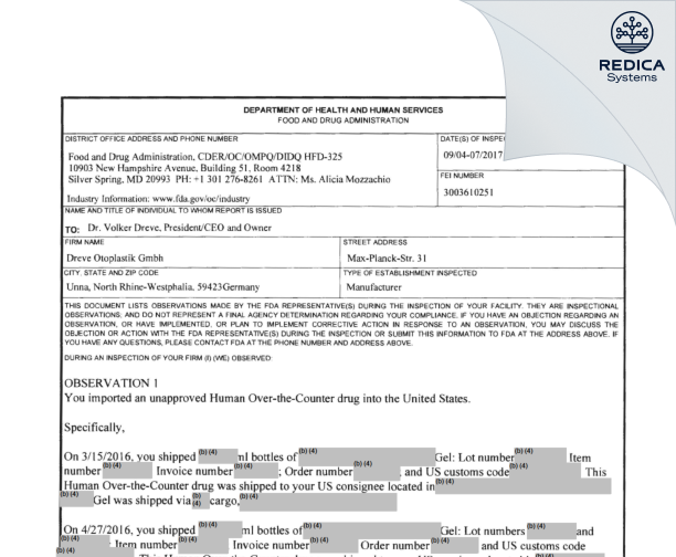 FDA 483 - Dreve Otoplastik Gmbh [Unna / Germany] - Download PDF - Redica Systems