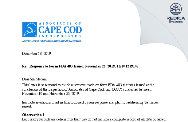 FDA 483 Response - Associates of Cape Cod, Inc. [Falmouth / United States of America] - Download PDF - Redica Systems