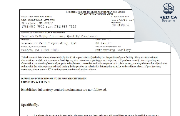 FDA 483 - Fresenius Kabi Compounding, LLC [Canton / United States of America] - Download PDF - Redica Systems