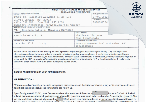 FDA 483 - Wyeth Lederle SRL [Italy / Italy] - Download PDF - Redica Systems