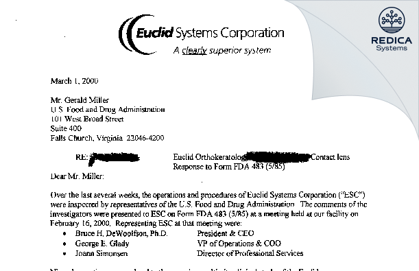 FDA 483 Response - Euclid Systems Corporation [Herndon / United States of America] - Download PDF - Redica Systems
