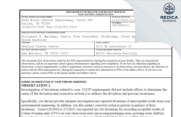 FDA 483 - GenCure [San Antonio / United States of America] - Download PDF - Redica Systems