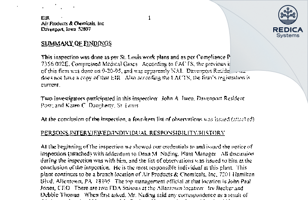 EIR - Airgas Usa, LLC [Davenport / United States of America] - Download PDF - Redica Systems