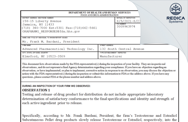 FDA 483 - Advanced Pharmaceutical Technology, Inc. [New York / United States of America] - Download PDF - Redica Systems