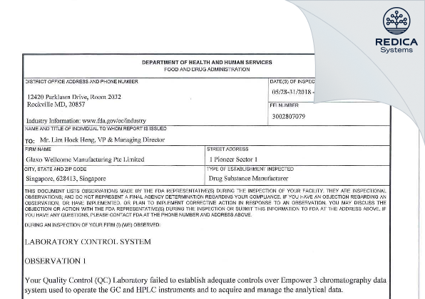 FDA 483 - Glaxo Wellcome Manufacturing Pte. Ltd [Singapore / Singapore] - Download PDF - Redica Systems