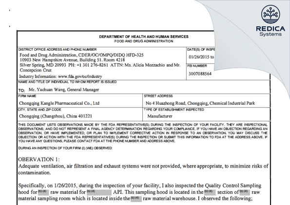 FDA 483 - Chongqing Kangle Pharmaceutical Co., Ltd. [Chongqing / China] - Download PDF - Redica Systems
