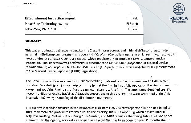 EIR - Heartsine Technologies Inc [Newtown / United States of America] - Download PDF - Redica Systems