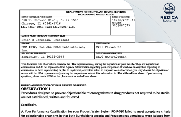FDA 483 - BMC 1092,Inc dba Solo Laboratories, Inc [Broadview / United States of America] - Download PDF - Redica Systems