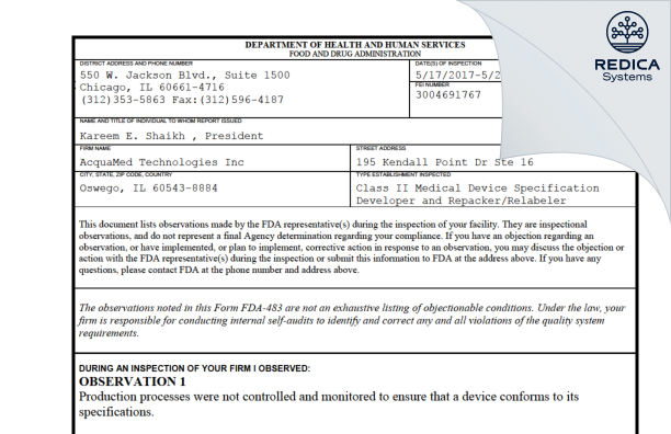FDA 483 - AcquaMed Technologies Inc [Oswego / United States of America] - Download PDF - Redica Systems