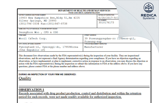 FDA 483 - WOOIL C&TECH CORP [- / -] - Download PDF - Redica Systems