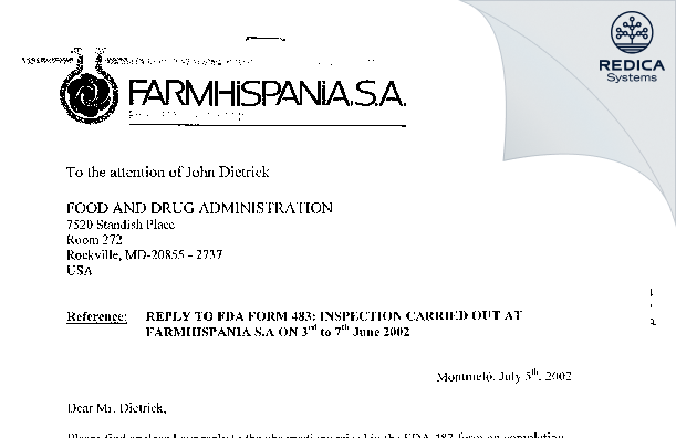 FDA 483 Response - Farmhispania S.A. [Spain / Spain] - Download PDF - Redica Systems