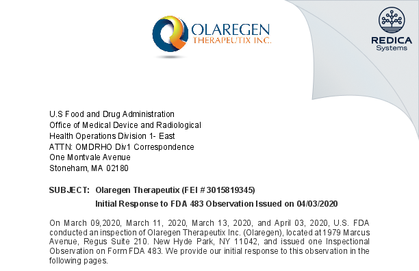 FDA 483 Response - Olaregen Therapeutix Inc. [New Hyde Park / United States of America] - Download PDF - Redica Systems