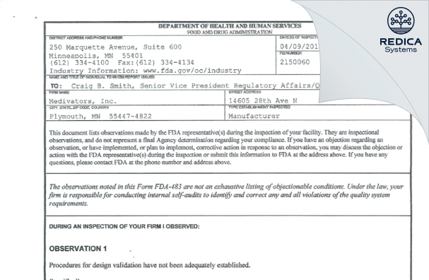 FDA 483 - Medivators, Inc. [Plymouth / United States of America] - Download PDF - Redica Systems