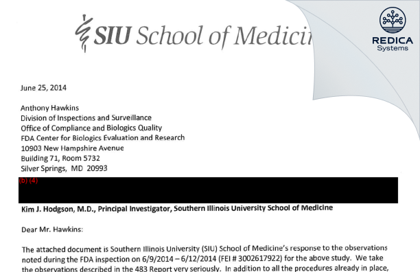 FDA 483 Response - Hodgson, Kim J., M.D. [Springfield / United States of America] - Download PDF - Redica Systems