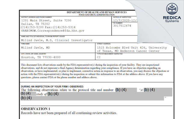 FDA 483 - Milind Javle, MD [Houston / United States of America] - Download PDF - Redica Systems