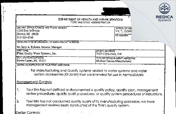 FDA 483 - Flier's Quality Water Systems, Inc. [Byron Center / United States of America] - Download PDF - Redica Systems