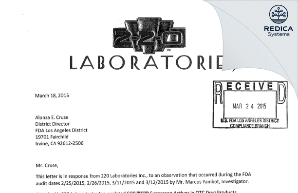 FDA 483 Response - 220 Laboratories LLC. [California / United States of America] - Download PDF - Redica Systems