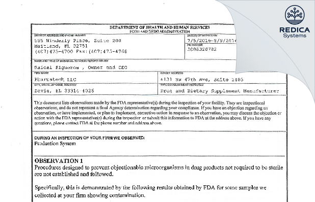 FDA 483 - Pharmatech LLC [Davie / United States of America] - Download PDF - Redica Systems