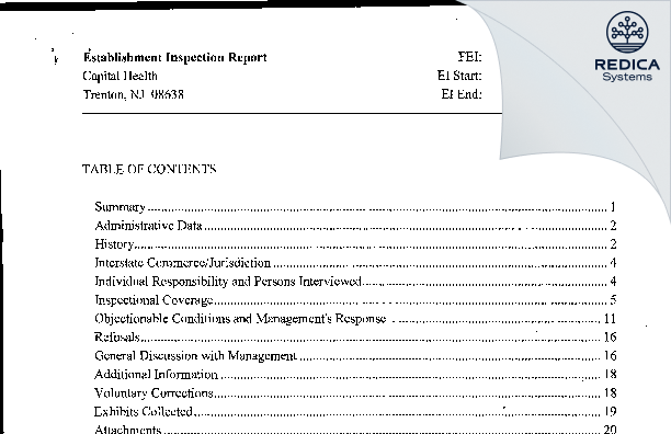 EIR - Capital Health [Trenton / United States of America] - Download PDF - Redica Systems