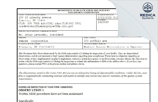 FDA 483 - Temrex Corporation [Freeport / United States of America] - Download PDF - Redica Systems