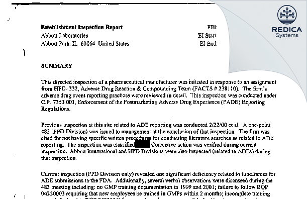 EIR - Abbott Laboratories [Abbott Park / United States of America] - Download PDF - Redica Systems