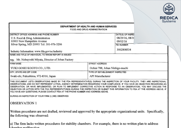 FDA 483 - Yuki Gosei Kogyo Co., Ltd. [Iwaki / Japan] - Download PDF - Redica Systems