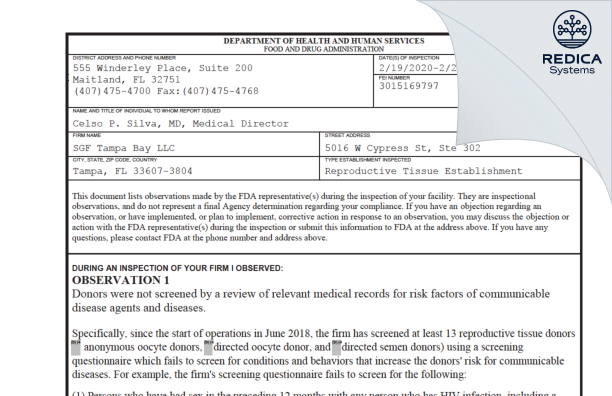 FDA 483 - SGF Tampa Bay LLC [Tampa / United States of America] - Download PDF - Redica Systems