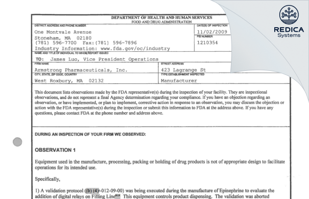 FDA 483 - Armstrong Pharmaceuticals, Inc. [Canton / United States of America] - Download PDF - Redica Systems