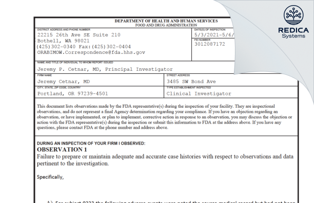 FDA 483 - Jeremy Cetnar, MD [Portland / United States of America] - Download PDF - Redica Systems