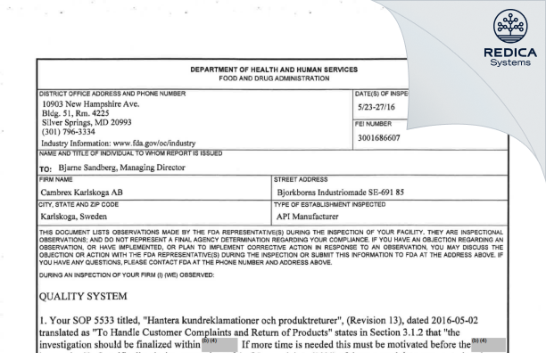 FDA 483 - Cambrex Karlskoga AB [Karlskoga / Sweden] - Download PDF - Redica Systems