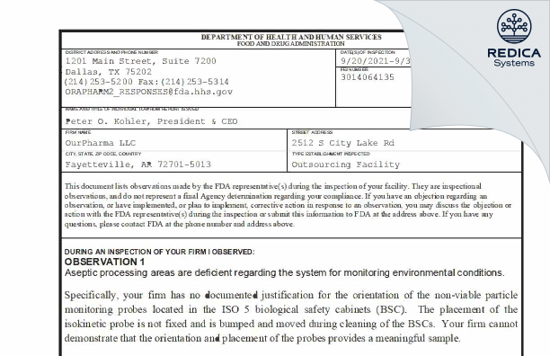 FDA 483 - OurPharma LLC [Fayetteville / United States of America] - Download PDF - Redica Systems