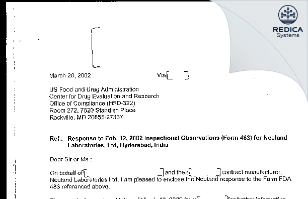 FDA 483 Response - NEULAND LABORATORIES LIMITED [India / India] - Download PDF - Redica Systems
