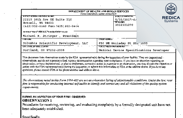 FDA 483 - Columbia Scientific Development LLC [Portland / United States of America] - Download PDF - Redica Systems