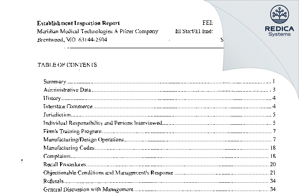 EIR - Meridian Medical Technologies, LLC [St. Louis / United States of America] - Download PDF - Redica Systems