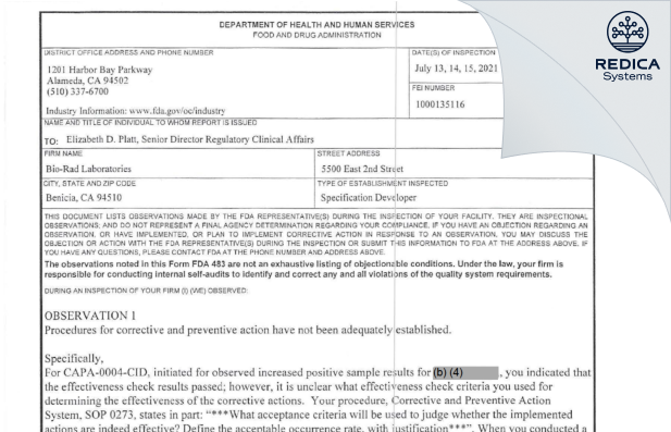 FDA 483 - Bio-Rad Laboratories, Inc. [Benicia / United States of America] - Download PDF - Redica Systems