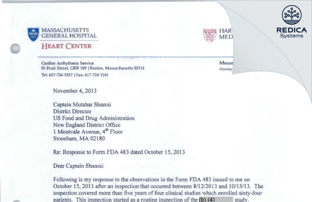 FDA 483 Response - Moussa C. Mansour, MD [Boston / United States of America] - Download PDF - Redica Systems
