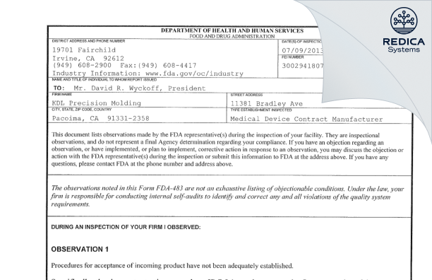 FDA 483 - KDL Precision Molding [Pacoima / United States of America] - Download PDF - Redica Systems