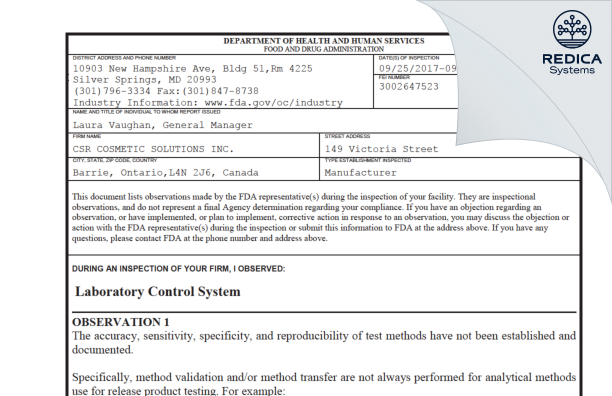 FDA 483 - HK Kolmar Canada, Inc [Barrie / Canada] - Download PDF - Redica Systems