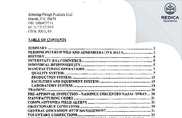 EIR - Schering Plough Products, LLC [Manati / United States of America] - Download PDF - Redica Systems