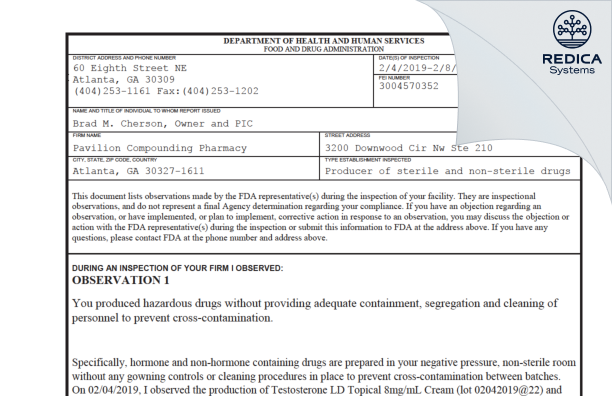 FDA 483 - Pavilion Compounding Pharmacy [Atlanta / United States of America] - Download PDF - Redica Systems