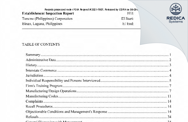 EIR - Terumo (Philippines) Corporation [Binan / Philippines] - Download PDF - Redica Systems