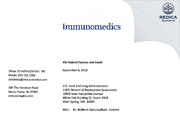 FDA 483 Response - Immunomedics, Inc. [Jersey / United States of America] - Download PDF - Redica Systems